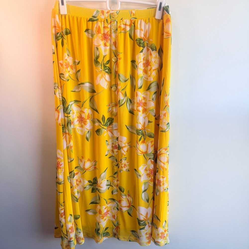 Harlow & Rose Yellow Floral Midi Skirt Button Front Elastic Waist M
